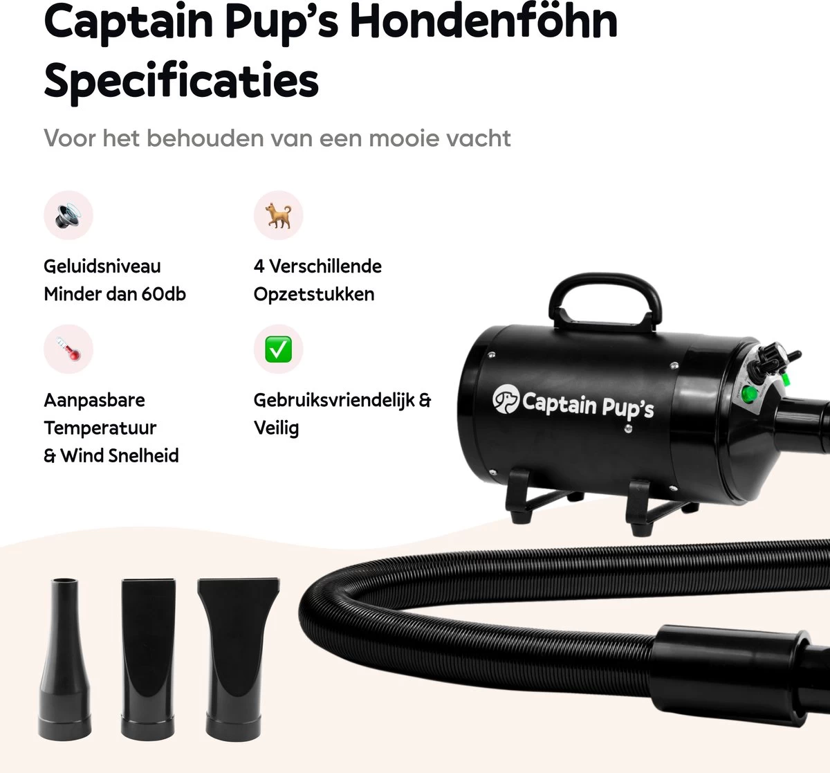 Captain Pup's Professionele Hondenföhn Met 4 Opzetstukken - Bijgeleverde Hondenborstel - Waterblazer Voor Honden - Zwart 3 Captain Pup's Professionele Hondenföhn Met 4 Opzetstukken - Bijgeleverde Hondenborstel - Waterblazer Voor Honden - Zwart - Afbeelding 3