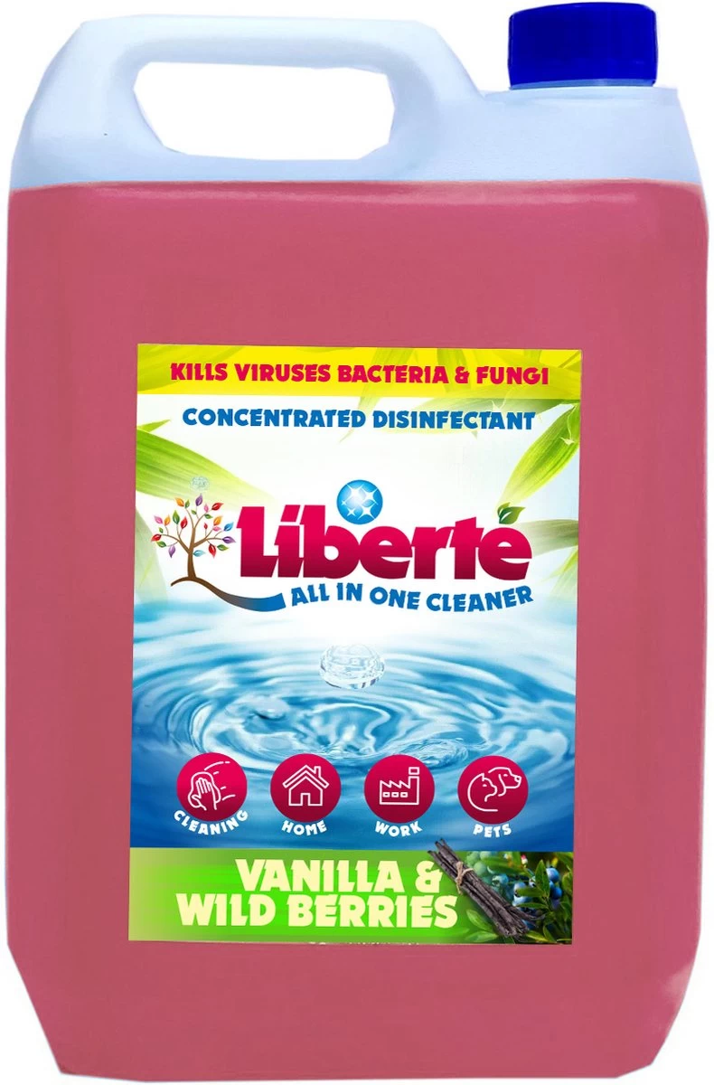 Geurverwijderaar - Liberté All In One Cleaner - Desinfectie - Dieren - Huis - Auto - Kantoor - Schoonmaakmiddel - 5L - Vanilla & Wild Berry 1 Geurverwijderaar - Liberté All In One Cleaner - Desinfectie - Dieren - Huis - Auto - Kantoor - Schoonmaakmiddel - 5L - Vanilla & Wild Berry